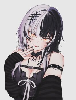 1girl :p absurdres arm_strap belt black_arm_warmers black_belt black_choker black_dress black_hair black_nails breasts chest_belt choker commentary dress grey_hair hair_ornament hand_up highres hololive hololive_english jewelry large_breasts long_hair looking_at_viewer multicolored_hair multiple_rings nail_polish outstretched_arm ring saltdcrmell shiori_novella shiori_novella_(1st_costume) simple_background sleeveless sleeveless_dress solo split-color_hair striped_arm_warmers symbol-only_commentary tongue tongue_out two-tone_hair upper_body very_long_fingernails virtual_youtuber white_background yellow_eyes