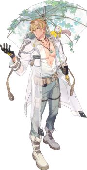 Rule 34 | 1boy, animal, animal on shoulder, bags under eyes, belt, black gloves, blonde hair, boots, bracelet, brown belt, clothed animal, collarbone, ermine, ferret, full body, gem, gloves, green pants, hair between eyes, half gloves, highres, holding, holding umbrella, hood, hooded coat, infinity alpha studio, jewelry, large pectorals, long sleeves, looking at viewer, looking to the side, male focus, muscular, muscular male, necklace, nu carnival, official alternate costume, official art, orange eyes, pants, partially open shirt, pectoral cleavage, pectorals, pendant, planted, planted umbrella, pouch, quincy (blossoming legend) (nu carnival), quincy (nu carnival), raincoat, rope belt, see-through clothes, see-through raincoat, short hair, simple background, solo, standing, tachi-e, tassel, tassel choker, taut clothes, thigh strap, tight clothes, topper (nu carnival), transparent, transparent umbrella, umbrella, v-taper, weasel, white boots, white raincoat, yellow gem, yellow raincoat