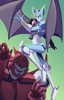 1boy 1girl absurdres bat_wings beast_wars fingernails flying glowing glowing_eyes helmet highres maximal mecha nyx_(transformers) predacon red_eyes robot sharp_fingernails shenani terrorsaur transformers wings yellow_eyes