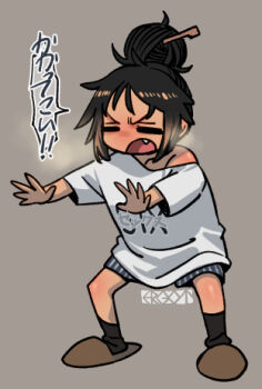 artist_name black_hair brown_slippers closed_eyes commentary_request ergot exercising fang hair_bun lowres messy_hair open_mouth original outstretched_arms shirt shorts single_hair_bun slippers striped_clothes striped_shorts tina_(ergot) translation_request vertical-striped_clothes vertical-striped_shorts white_shirt