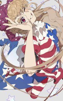 1girl absurdres american_flag american_flag_dress american_flag_legwear american_flag_print american_flag_shirt blonde_hair clownpiece commentary dress flag_print hat highres jester_cap long_hair looking_at_viewer neck_ruff ok_sign ok_sign_over_eye one_eye_closed pantyhose pink_eyes pink_hat polka_dot polka_dot_headwear print_shirt purple_hat romaji_commentary shimiya_jin shirt short_sleeves smile solo star_(symbol) striped_clothes striped_dress striped_pantyhose touhou