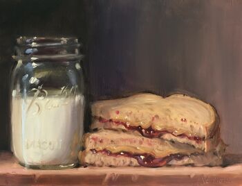 artist_name bread commentary english_commentary food highres jam jar milk no_humans noah_verrier oil_painting_(medium) original painting_(medium) peanut_butter peanut_butter_and_jelly_sandwich sandwich still_life traditional_media