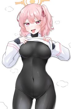 1girl absurdres blue_archive bodysuit clothes_lift covered_navel feather_hair halo hat highres impossible_bodysuit impossible_clothes lifting_own_clothes looking_at_viewer mcr_roggle one_side_up pink_eyes pink_hair serina_(blue_archive) shirt shirt_lift skin_tight solo tongue tongue_out white_background white_shirt yellow_halo