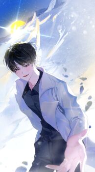 Rule 34 | 1boy, absurdres, black eyes, black hair, black shirt, coat, collared shirt, commentary request, dutch angle, footprints, gj9158, grin, hand in pocket, highres, kim dokja, korean commentary, male focus, mountainous horizon, omniscient reader's viewpoint, open clothes, open coat, popped collar, reaching, reaching towards viewer, shirt, short hair, smile, solo, white coat