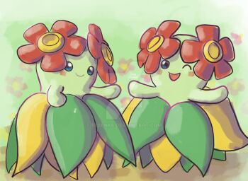 Rule 34 | ;d, bellossom, blush, blush stickers, closed mouth, colored skin, commentary, deviantart logo, deviantart username, english commentary, flower, full body, gen 2 pokemon, green skin, jonas emanuel, nintendo, one eye closed, open mouth, pokemon, pokemon (creature), pokemon focus, red flower, smile, watermark, web address