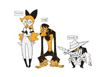 1girl 2boys bottomless bow character_name glasses hair_bow hat imaishi_hiroyuki japan_animator_expo machspeed_(character) monkey multiple_boys navel necktie official_art se-chan sex_&amp;_violence_with_machspeed sex_and_violence_with_machspeed shark sharp_teeth teeth vest violence_(character)