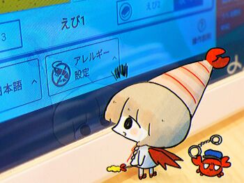 1girl blonde_hair braid chibi chibi_only crab cuffs dress food food-themed_hat handcuffs hat highres holding holding_handcuffs looking_at_screen mini_person minigirl original pankichi_anko photo_background police police_hat red_footwear red_wings reflection screen shrimp shrimp_tempura solo standing tempura twin_braids white_dress wings