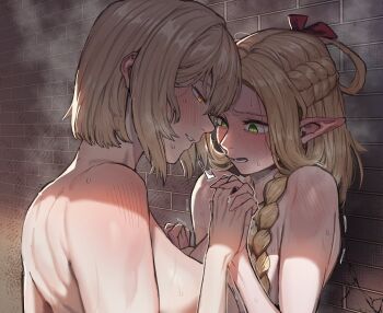 2girls bathing bathroom blonde_hair blush braid breasts closed_eyes closed_mouth commentary_request couple dungeon_meshi elf falin_touden falin_touden_(tallman) green_eyes hair_around_ear highres holding_hands kugara4423 long_hair marcille_donato multiple_girls open_mouth pointy_ears same-sex_bathing shared_bathing short_hair showering smile tile_wall tiles yuri