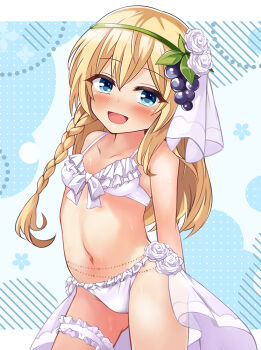 1girl bare_shoulders bikini blonde_hair blue_eyes blush braid breasts commentary_request flower food-themed_hair_ornament grape_hair_ornament hair_ornament hairband highres iris_(konosuba) kono_subarashii_sekai_ni_shukufuku_wo! long_hair looking_at_viewer mochi_(k620803n) navel open_mouth revision showgirl_skirt skirt smile solo swimsuit thighs veil white_bikini white_skirt