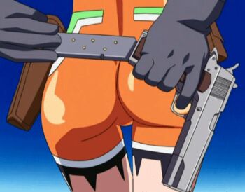 Rule 34 | 00s, 1girl, animated, animated gif, ass, black gloves, female focus, finger on trigger, gloves, gun, handgun, latex, lowres, m1911, mezzo danger service agency, mezzo forte, reloading, sexually suggestive, solo, standing, suzuki mikura, thigh gap, umetsu yasuomi, unitard, weapon, witness holes