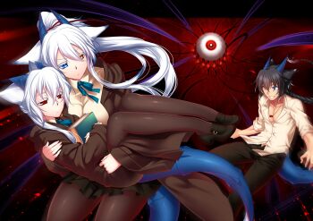 Rule 34 | 1boy, 2girls, black hair, gradient background, heterochromia, konshin, long hair, multiple girls, orie hakua, orie kureha, orie mitsugi, pantyhose, pixiv fantasia, pixiv fantasia t, red eyes, siblings, tail, white hair