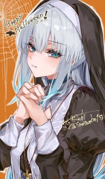 1girl above-cleavage_cutout aegyo_sal alternate_costume artist_name black_veil blue_choker blue_eyeliner blue_eyes blue_hair blue_lips blue_nails choker closed_mouth clothing_cutout commentary_request cross cross_necklace dated expressionless eyeliner fate/grand_order fate_(series) fingernails gradient_hair guimpe halloween hands_up happy_halloween highres interlocked_fingers jewelry juliet_sleeves light_blush lipstick long_hair long_sleeves looking_at_viewer makeup morgan_le_fay_(fate) multicolored_hair nail_polish necklace nun orange_background outline own_hands_clasped own_hands_together puffy_sleeves sidelocks sideways_glance signature silk simple_background sleeve_cuffs solo spider_web togashi_(choco-bakama_kitchen) twitter_username two-tone_hair upper_body veil watermark white_hair white_outline