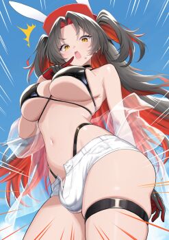 1futa ^^^ animal_ears ass azur_lane bikini bikini_bottom_under_shorts bikini_under_clothes black_bikini blue_sky breasts bulge colored_inner_hair commentary_request criss-cross_halter fake_animal_ears futanari gloves halterneck hat highleg highleg_bikini highres jacket large_breasts looking_at_viewer micro_shorts multicolored_hair navel open_mouth rabbit_ears red_hat saitou_touko see-through_clothes see-through_jacket shorts sky solo surprised sweatdrop swimsuit thigh_strap thighs tongue tongue_out two-sided_gloves white_shorts yellow_eyes z52_(azur_lane) z52_(sprintender_sommer!)_(azur_lane)
