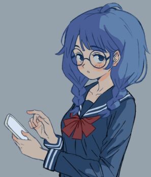 1girl alternate_hairstyle black_eyes black_serafuku blue_hair blush braid cellphone collarbone commentary english_commentary engrish_commentary ephtracy from_side glasses grey_background holding holding_phone long_hair long_sleeves looking_at_viewer make_heroine_ga_oo_sugiru! neckerchief parted_lips phone red_neckerchief round_eyewear school_uniform serafuku simple_background smartphone solo twin_braids upper_body yanami_anna