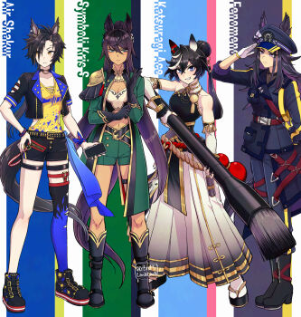 4girls adjusting_clothes adjusting_gloves air_shakur_(umamusume) air_shakur_(unsigned)_(umamusume) animal_ears ascot bandeau bare_shoulders black_boots black_choker black_gloves black_hair black_jacket black_nails black_pants black_shirt black_shorts blue_eyes blush boots breasts bright_pupils calligraphy_brush cellphone character_name choker cleavage closed_mouth collarbone commentary_request cropped_jacket dark-skinned_female dark_skin detached_sleeves ear_chain ear_covers earrings ears_through_headwear elbow_gloves eyebrow_piercing face_piercing fenomeno_(black_flames_of_the_righteous_spirit)_(umamusume) fenomeno_(umamusume) fingerless_gloves flipped_hair full_body gloves green_jacket green_shorts hair_between_eyes hair_bun hair_ornament hakama hakama_skirt hand_on_own_hip hat hi_(ibisf5umauma) highres holding holding_phone horse_ears horse_girl horse_tail horseshoe_hat_ornament horseshoe_ornament ink ink_stain jacket japanese_clothes jewelry katsuragi_ace_(pen_name:_ink_dragon)_(umamusume) katsuragi_ace_(umamusume) linked_piercing long_hair long_sleeves looking_at_viewer medium_breasts midriff multicolored_hair multiple_girls multiple_views nail_polish navel official_alternate_costume official_alternate_hairstyle open_clothes oversized_object paintbrush pants parted_lips peaked_cap phone piercing ponytail purple_eyes purple_hair salute shirt shoes short_sleeves shorts simple_background single_earring single_thighhigh skirt sleeveless sleeveless_shirt small_breasts smartphone smile socks split_ponytail standing streaked_hair symboli_kris_s_(onyx_soldier)_(umamusume) symboli_kris_s_(umamusume) tabi tail tassel tassel_hair_ornament thigh_strap thighhighs umamusume white_ascot white_background white_bandeau white_gloves white_hair white_socks yellow_eyes yellow_shirt