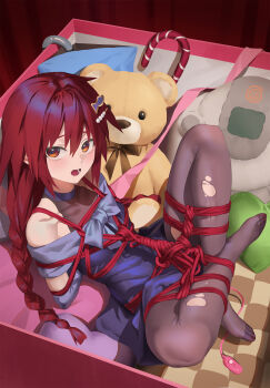 1girl arms_behind_back bdsm black_pantyhose blush bondage bound bound_arms bound_legs braid breasts brown_eyes choujigen_game_neptune collarbone commentary_request dress drooling egg_vibrator highres long_hair looking_at_viewer lower_teeth_only neptune_(series) open_mouth pantyhose purple_dress red_hair restrained sex_toy shibari shibari_over_clothes shortofsugar sitting small_breasts solo teeth tennouboshi_uzume torn_clothes torn_pantyhose vibrator