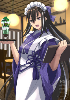 1girl apron black_hair blue_kimono bow breasts brown_eyes cup fate/grand_order fate_(series) food hair_bow highres japanese_clothes kawakami_gensai_(fate) kawakami_gensai_(second_ascension)_(fate) kimono ksfactory long_hair long_sleeves looking_at_viewer maid_headdress medium_breasts menu multicolored_hair open_mouth parfait sidelocks smile solo streaked_hair tray white_apron white_hair wide_sleeves