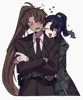 2boys black_coat black_jacket brown_hair camouflage closed_eyes coat collared_shirt crossed_arms gloves hashtag-only_commentary heart heathcliff_(project_moon) high_ponytail highres hong_lu_(project_moon) hug hug_from_behind jacket lapels limbus_company long_hair multiple_boys nantekottawo!! notched_lapels open_mouth ponytail project_moon shirt smile very_long_hair white_gloves white_shirt yaoi