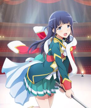 1girl :d ascot blue_eyes blunt_bangs dot_nose fur-trimmed_jacket fur_trim game_cg green_jacket green_skirt holding holding_sword holding_weapon jacket jacket_on_shoulders leaning_forward long_hair long_sleeves looking_at_viewer official_art open_mouth purple_hair red_jacket shoujo_kageki_revue_starlight sidelocks skirt smile solo stage stage_lights standing standing_on_one_leg sword theater_seating third-party_source toji_no_miko toji_no_miko:_kizamishi_issen_no_tomoshibi tsuyuzaki_mahiru two-handed two_side_up weapon white_ascot