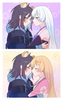 Rule 34 | 3girls, absurdres, animal ears, blonde hair, blue eyes, blue hoodie, blueiseul, blush, cho kaguya-hime!, closed eyes, closed mouth, commentary request, crescent, crescent hair ornament, fox ears, green eyes, hair ornament, highres, hood, hoodie, japanese clothes, kaguya (cho kaguya-hime!), kimono, long hair, medium hair, multicolored eyes, multiple girls, off shoulder, parted lips, pink kimono, purple eyes, purple hair, purple kimono, runami yachiyo, sakayori iroha, smile, tears, thick eyebrows, two-tone eyes, white hair, yuri