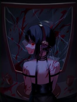 1girl back black_hair black_hairband blood blood_on_face closed_mouth commentary_request crack cracked_glass dark earrings hairband highres jewelry looking_back mirror red_eyes sink solo spy_x_family violet_(mesy4285) yor_briar