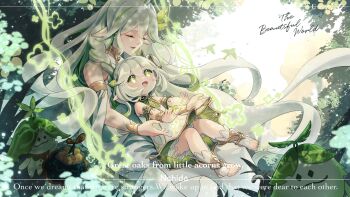 1other 2girls 7mo_(nanakami) :d aranara_(genshin_impact) bare_shoulders bloomers bracelet braid closed_eyes commentary day dress english_text food fruit genshin_impact gold_choker gradient_hair green_eyes green_hair hair_ornament highres holding holding_string jewelry leaf_hair_ornament long_hair looking_at_another looking_at_viewer multicolored_hair multiple_girls nahida_(genshin_impact) nature on_swing open_mouth orange_(fruit) parted_lips pointy_ears rukkhadevata_(genshin_impact) sitting sleeveless sleeveless_dress smile stirrup_legwear string swing symbol-shaped_pupils toeless_legwear toes tree underwear very_long_hair white_bloomers white_dress white_hair