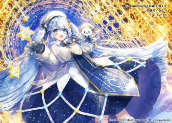 1girl animal beret blue_bow blue_gloves blue_tabard blush book bow braid capelet colorpoint_(pattern) commentary_request dress fortissimo gloves gold_trim hair_between_eyes hair_ornament hat hatsune_miku holding holding_book long_hair long_sleeves musical_note musical_note_hair_ornament official_alternate_costume official_alternate_hairstyle open_mouth rabbit rabbit_yukine renta_(deja-vu) smile snowflake_print snowflakes tabard twintails very_long_hair vocaloid white_capelet white_hat white_rabbit_(animal) yuki_miku yuki_miku_(2021)