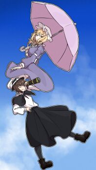 2girls black_boots black_capelet black_hat black_leggings black_skirt blonde_hair blue_sky boots bow brown_eyes brown_hair capelet cloud collared_dress collared_shirt commentary_request contrast_collar dress fedora full_body grin hand_on_own_hip hat hat_bow highres holding holding_telescope holding_umbrella iwoillust leggings long_sleeves maribel_hearn medium_hair mob_cap multiple_girls one_eye_closed outline pink_umbrella purple_dress purple_eyes shirt shirt_tucked_in skirt sky smile teeth telescope thighhighs touhou umbrella usami_renko white_bow white_hat white_outline white_shirt white_thighhighs