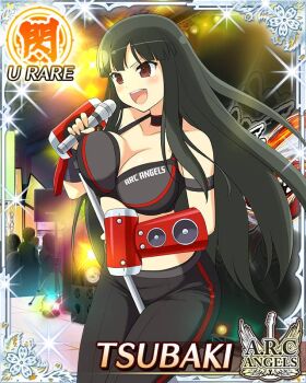 1girl :d armband audience between_legs black_bra black_hair black_pants border bra breast_press breasts card_(medium) character_name english_text game_cg gauntlets hime_cut holding holding_microphone_stand large_breasts long_hair microphone_stand official_alternate_costume official_art open_mouth pants red_eyes senran_kagura senran_kagura_new_wave smile solo speaker stage stage_lights tsubaki_(senran_kagura) underwear