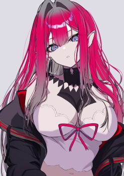1girl baobhan_sith_(fate) bare_shoulders black_jacket breasts camisole cleavage commentary_request detached_collar earrings fate/grand_order fate_(series) grey_eyes highres jacket jewelry large_breasts long_hair long_sleeves looking_at_viewer navel neko_daruma off_shoulder pink_hair pointy_ears sidelocks solo white_camisole