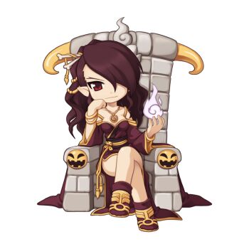 1girl bone bone_hair_ornament boots breasts brown_boots brown_dress brown_hair chibi chibi_only closed_mouth crossed_legs dress fire full_body gold_trim hair_between_eyes hair_ornament hair_over_one_eye hell_(ragnarok_online) hitodama jewelry long_bangs long_sleeves looking_at_viewer medium_breasts necklace off-shoulder_dress off_shoulder official_art pointy_ears ragnarok_online red_eyes simple_background sitting smile solo throne transparent_background wavy_hair white_fire yuichirou