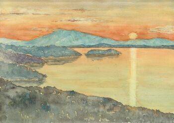 commentary_request evening hokkaido island lake landscape mountainous_horizon no_humans orange_sky original painting_(medium) paruperu real_world_location reflection reflective_liquid scenery sky sun sunset traditional_media watercolor_(medium)