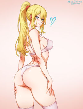 1girl ass back blue_eyes bra breasts cowboy_shot from_behind heart high_ponytail highres large_breasts long_hair looking_at_viewer looking_back metroid mina_cream nintendo panties pink_background ponytail samus_aran sidelocks solo strap_gap thighhighs underwear underwear_only white_bra white_panties white_thighhighs
