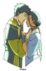 1boy 1girl avatar:_the_last_airbender avatar_legends black_hair blue_choker choker closed_eyes closed_mouth commentary dark-skinned_female dark_skin english_commentary findoworld hand_on_another&#039;s_face hetero katara long_hair profile short_hair simple_background white_background zuko