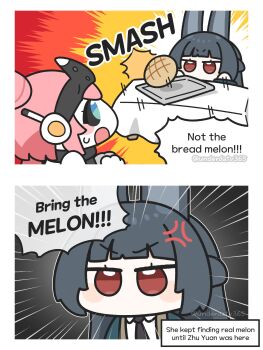 2girls anger_vein animal_ears aria_(zenless_zone_zero) black_hair black_necktie black_sclera blunt_bangs bread colored_sclera colored_skin commentary english_commentary english_text food fox_ears fox_girl highres hoshimi_miyabi humanoid_robot jacket long_hair mechanical_ears melon_bread multiple_girls necktie pink_hair red_eyes robot robot_girl underdatv white_skin zenless_zone_zero