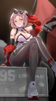 1girl absurdres adjusting_eyewear arm_up bandaid bandaid_on_arm bare_shoulders black_background black_gloves black_pantyhose blurry blurry_background breasts cleavage commentary crossed_legs depth_of_field elbow_gloves english_commentary epic_seven fingerless_gloves flag forehead gloves highres jacket large_breasts legs leotard looking_at_viewer motor_vehicle motorcycle multicolored_leotard open_clothes open_jacket pantyhose parted_bangs pink_hair print_pantyhose race_queen red_eyes red_jacket shoes short_hair sigret_(epic_seven) sitting solo sunglasses thigh_strap thighs tinkst unzipped white_shoes