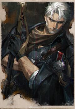Rule 34 | 1boy, badge, beard, black coat, black gloves, black shirt, blue eyes, border, brown border, brown scarf, burnt, coat, dark background, dog tags, facial hair, gloves, highres, holding, holding sword, holding weapon, igor (reverse:1999), looking to the side, male focus, mature male, old, old man, redsakaone, reverse:1999, scarf, shirt, solo, sword, watermark, weapon, weibo watermark, white hair