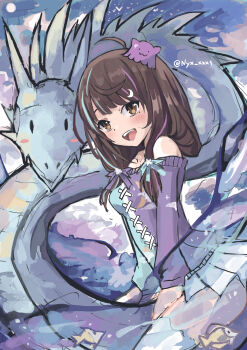 1girl absurdres bad_id bad_twitter_id blob brown_hair centi_(nimu) deathnyx dragon hair_ornament highres indie_virtual_youtuber low_twintails multicolored_hair nimu_(vtuber) nimu_(vtuber)_(2nd_costume) off-shoulder_shirt off_shoulder one_eye_closed shirt short_hair skirt smile star_(symbol) star_hair_ornament streaked_hair thighhighs twintails virtual_youtuber white_skirt white_thighhighs