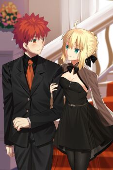 1boy 1girl absurdres artoria_pendragon_(fate) black_dress black_suit blonde_hair brown_eyes commission couple dress emiya_shirou fate/stay_night fate_(series) formal_clothes grabbing_another&#039;s_arm green_eyes highres longdq3008 necktie red_hair saber_(fate) suit