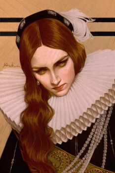 1girl artist_name black_hat brown_background closed_mouth crowley_(good_omens) demon_girl double_horizontal_stripe earrings elizamaru expressionless feathers gem genderswap genderswap_(mtf) gold_trim good_omens hat hat_feather head_tilt highres jewelry long_hair looking_to_the_side mature_female neck_ruff no_ears nose parted_bangs pearl_(gemstone) pearl_earrings pink_lips red_gemstone red_hair sash single_earring slit_pupils snake_print solo upper_body v-shaped_eyebrows wavy_hair white_feathers white_gemstone yellow_eyes