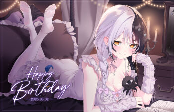 1girl absurdres black_hair braid breasts cleavage closed_mouth commentary dated_commentary english_commentary english_text feet feet_up grey_hair happy_birthday hat highres hololive hololive_english indoors jewelry large_breasts long_hair looking_at_viewer low_twin_braids lying matryo8 mob_cap multicolored_hair necklace nightgown novelites_(shiori_novella) official_alternate_costume official_alternate_hairstyle on_stomach pantyhose pink_nightgown shiori_novella shiori_novella_(pajamas) smile soles soles_of_feet_in_socks solo split-color_hair the_pose toes toes_visible_through_clothing twin_braids virtual_youtuber white_pantyhose yellow_eyes