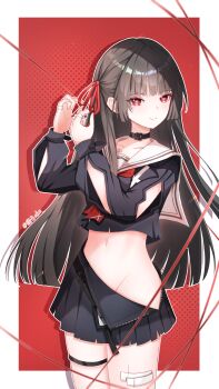 1girl arm_cutout black_choker black_hair black_serafuku black_shirt black_skirt border chinese_commentary chisa_(wuthering_waves) choker closed_mouth clothing_cutout collarbone commentary_request cowboy_shot crop_top hair_ribbon highres large_variant_set long_hair long_sleeves looking_at_viewer midriff mole mole_under_eye neckerchief no_panties open_clothes open_skirt red_background red_eyes red_neckerchief red_ribbon ribbon sailor_collar school_uniform serafuku shirt skirt smile solo thigh_strap thighs unzipped variant_set white_border white_sailor_collar wuthering_waves yuanzi_ako