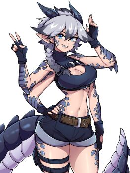 1girl belt belt_buckle black_belt black_gloves black_shorts blue_eyes breasts brown_belt buckle chest_belt cleavage cleavage_cutout clothing_cutout commentary commission cowboy_shot crop_top double-parted_bangs dragon_girl dragon_horns dragon_tail english_commentary extra_arms fingerless_gloves fingernails gloves grey_hair hair_between_eyes hands_up highres horns large_breasts looking_at_viewer multiple_belts navel oninuer original pointy_ears pouch scales sharp_teeth short_shorts shorts simple_background smile solo stomach tail teeth thigh_pouch white_background