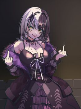 1girl black_choker black_dress black_hair black_nails breasts choker cleavage coat double_middle_finger dress fur-trimmed_coat fur_trim grey_hair highres hololive hololive_english large_breasts long_hair mekillus middle_finger multicolored_hair night outdoors purple_coat ribbon shiori_novella shiori_novella_(1st_costume) slime_(substance) solo split-color_hair tongue tongue_out two-tone_hair virtual_youtuber white_ribbon yellow_eyes