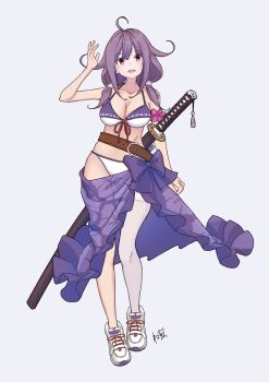 Rule 34 | 1girl, ahoge, bikini, blue sarong, breasts, commentary request, full body, hair flaps, highres, jewelry, kantai collection, large breasts, long hair, looking at viewer, low twintails, necklace, neve (morris-minicooper), official alternate costume, purple hair, red eyes, sarong, sheath, sheathed, shoes, smile, sneakers, solo, standing, swimsuit, sword, taigei (kancolle), taigei (swimsuit) (kancolle), twintails, weapon