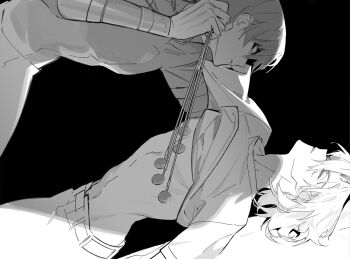 2boys arched_back arm_support belt black_background cardiogram chinese_commentary closed_eyes clothes_lift commentary greyscale holding inkerpape jonouchi_katsuya kaiba_seto leaning_forward long_sleeves male_focus midriff monochrome multiple_boys navel no_nipples on_bed pants parted_lips pulling shaded_face shirt shirt_lift short_hair skin_tight t-shirt turtleneck turtleneck_shirt unconscious upper_body vambraces wide-eyed yu-gi-oh! yu-gi-oh!_duel_monsters