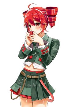 Rule 34 | ahoge, arms up, belt, black shirt, black skirt, blush, brown belt, buttons, cowboy shot, drill hair, fingernails, flat chest, hair between eyes, highres, kasane teto, kasane teto (voicepeak), layered skirt, long sleeves, mp777b, pleated skirt, red belt, red eyes, red hair, red nails, red skirt, shirt, simple background, skirt, smile, twin drills, utau, voicepeak, walkie-talkie, white background