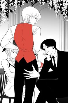 2boys 63roku63 androgynous blush chrollo_lucilfer closed_mouth cross_tattoo facial_mark forehead_mark forehead_tattoo highres hunter_x_hunter kurapika male_focus monochrome multiple_boys pants parted_lips shirt short_hair standing tattoo vest waiter yaoi