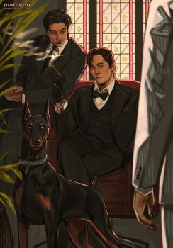 1other 2boys absurdres animal backlighting black_coat black_gloves black_hair black_necktie black_vest bow bowtie buzz_cut cigar coat collared_shirt couch crossed_legs dachshund dog full_body gloves head_tilt highres holding holding_cigar hwang_in-ho looking_at_viewer multiple_boys necktie out_of_frame plant potted_plant seong_gi-hun shirt short_hair sitting skyfree_art squid_game the_salesman_(squid_game) very_short_hair vest white_shirt