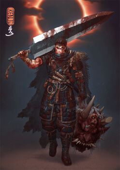 1boy alternate_costume alternate_hairstyle armor artist_name baggy_pants bandaged_arm bandages belt_pouch berserk black_armor black_hair blood blood_on_clothes blood_on_face blood_on_feet blood_on_hands blood_stain bloody_bandages bloody_weapon broken_horn cape closed_mouth cuirass decapitation demon eclipse evil_smile extra_faces extra_horns eyepatch facing_viewer greatsword grey_hair guts_(berserk) haidate hand_wraps helmet holding holding_detached_head holding_sword holding_weapon horns japanese_armor japanese_clothes kabuto_(helmet) kenji893 kote kunai kusazuri looking_at_viewer male_focus muscular muscular_male one_eye_closed open_mouth over_shoulder pants pants_tucked_in pouch prosthesis prosthetic_arm red_eyes samurai sandals sash scar scar_on_arm scar_on_face scar_on_nose sheath sheathed short_sword shoulder_armor simple_background sleeves_rolled_up smile sode solo stab straw_cape suneate sword tabi tantou tassel toned toned_male topknot wakizashi waraji weapon weapon_over_shoulder